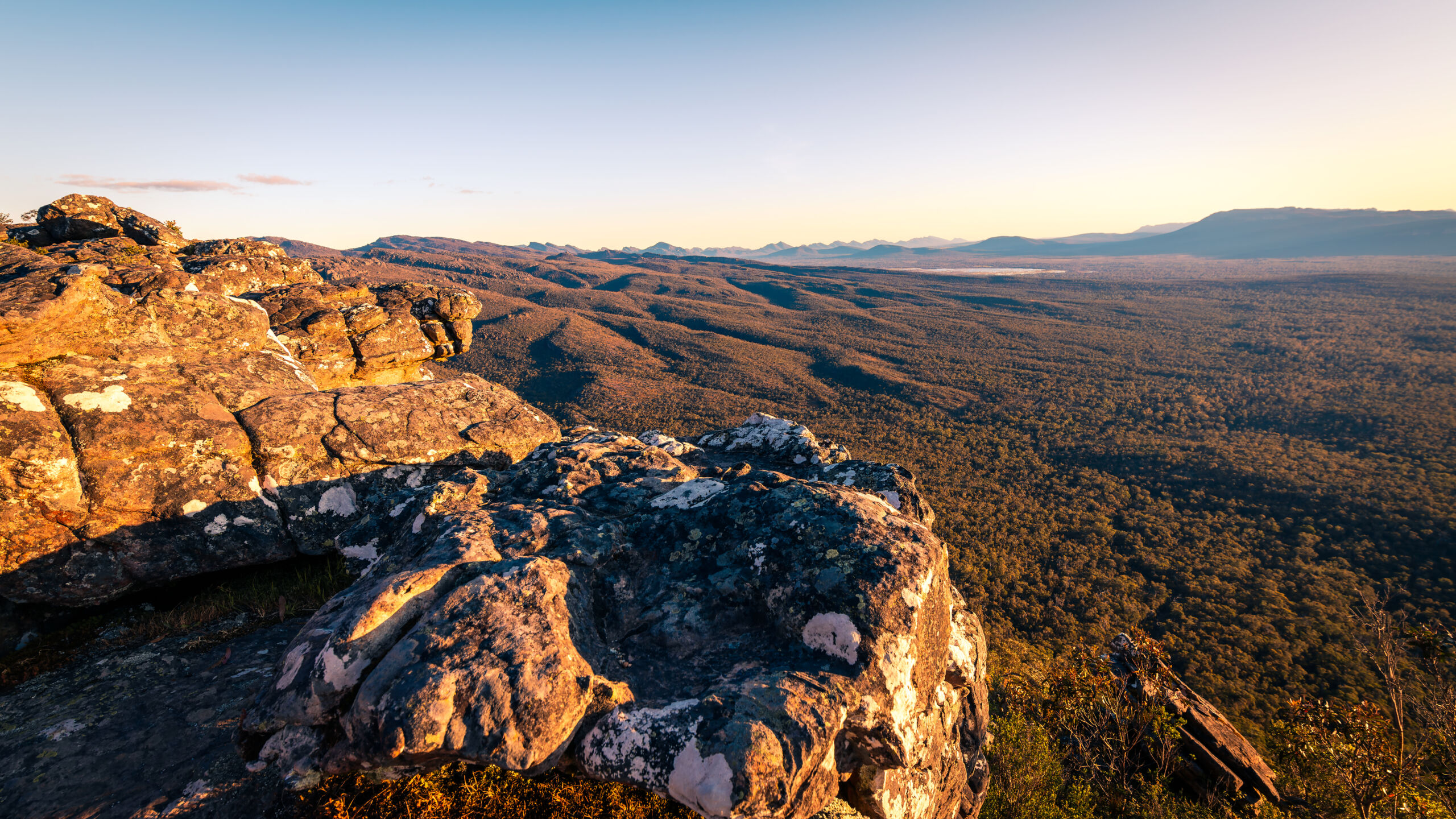 Grampians National Park mountains with ancient rock formations viewed at sunset, Victoria, Australia